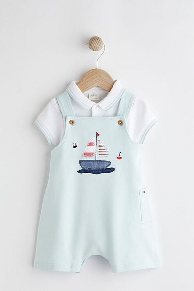 Next Baby 100% Cotton Blue Boat Embroidered Salopet Bodysuit Set