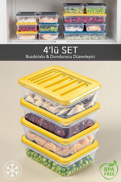 Meleni Home 4-Piece Yellow Refrigerator Organizer - Suitable for Microwave and Freezer, 600 ml Capacity
