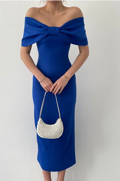 bayansepeti Blue Atlas Fabric, fără bretele, guler, fundă, rochie midi creion 237