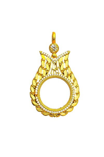 BEYZA DERELİ TAKI AKSESUAR 22 Ayar Fiziki Altın Kaplama Zirkon Taşlı Arpa Desenli Lale Model Içi Boş Yarım Altın Kolye Ucu