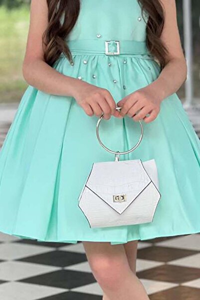 Riccotarz Girl's Jewelled Embroidered Belt Detailed Pleated Water Green Dress