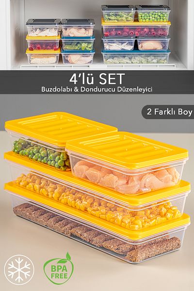 Meleni Home 4-Piece Refrigerator Organizer - Suitable for Microwave and Freezer, Yellow 2 X 1170 ml - 2 X 600 ml