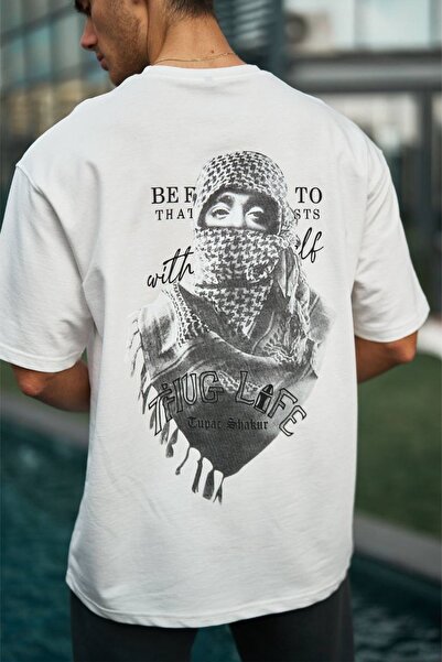 MADZEYMODA Unisex Oversize Loose Fit Back Printed Crew Neck White T-Shirt