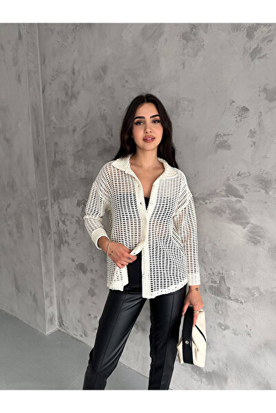 WEAR AND WEAR Kadın Krem Ajurlu Delikli Oversize Gömlek Mevsimlik Yeni Sezon Düşük Omuz Dokulu File Gömlek