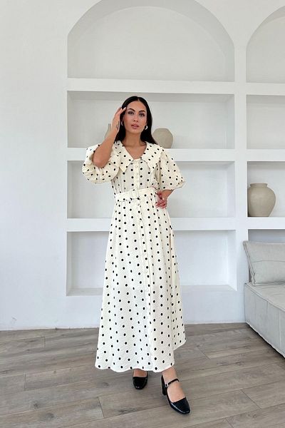 Seda Yalçın Atelier Beige Polka Dot Patterned Button Detailed Balloon Sleeve Dress
