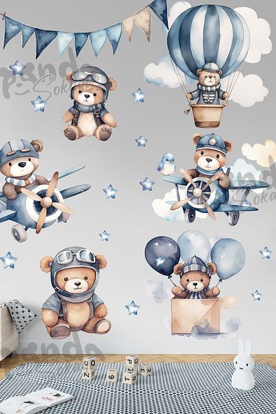 PANDA SOKAĞI BLUE CLOUD and BEARS STICKER SET - 100x70