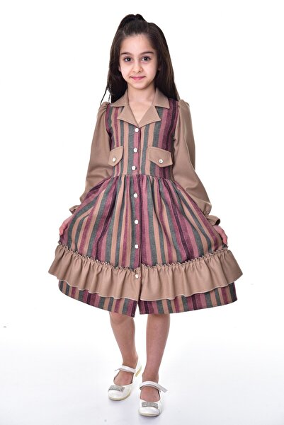 ÖFİ Kids فستان بناتي مخطط من القماش مكشكش وأزرار، فستان طويل أنيق ومريح