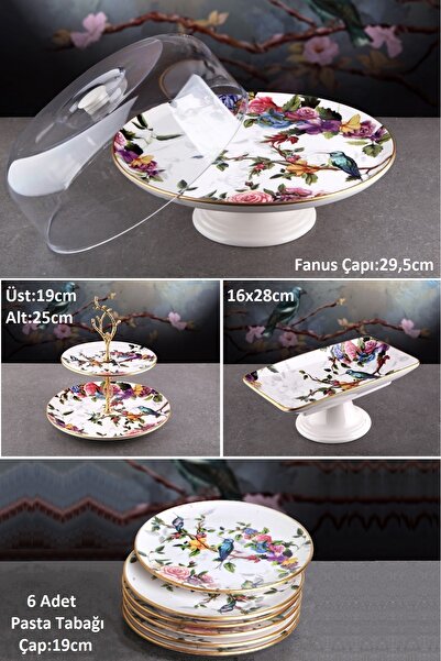 Pinkev Flora 9 Parça Fanuslu Seramik Pasta Sunum Tabağı Tabak Seti