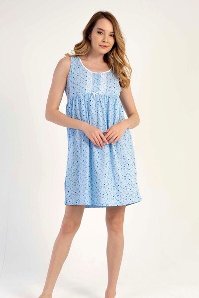 CANTERİDER ثوب نوم قصير نسائي من القطن الأزرق بحمالات سميكة