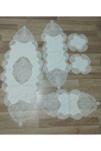 HMZ Five Pieces Linen Shal Pattern Room Set, Coffet Cover, Runner Set