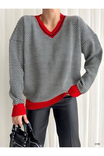 Esinty Pulover de damă, cu decolteu în V, cu model în zig-zag, cu mâneci, det...