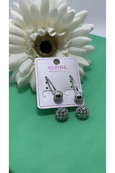 By Semra XUPİNG VİP SERİ İKİLİ ÇAPRAZ MODEL TOP KÜPE GÜMÜŞ RENK TAŞLI KÜPE