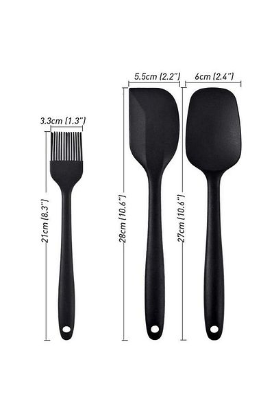 BarkoFix Heat Resistant Fireproof Non-Stick Silicone Spatula Set 3 Pieces Black Egg Brush Dough Brush