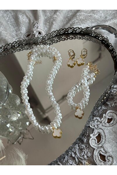 Uno Di Famiglia YAMUK İNCİ KOLYE, KÜPE VE BİLEKLİK SETİ , YONCA KOLYE, KÜPE V...