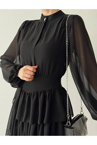 popibutik Pearl Detail Corset Formed Floor Skirt Mini Length Chiffon Fabric Black Dress