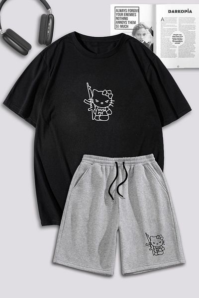 macklin Unisex Γυναικείες άντρες Hello Kitty Hug Me με στάμπα ειδικής σχεδίασης Σετ φόρμας μπλουζάκι και σορτς
