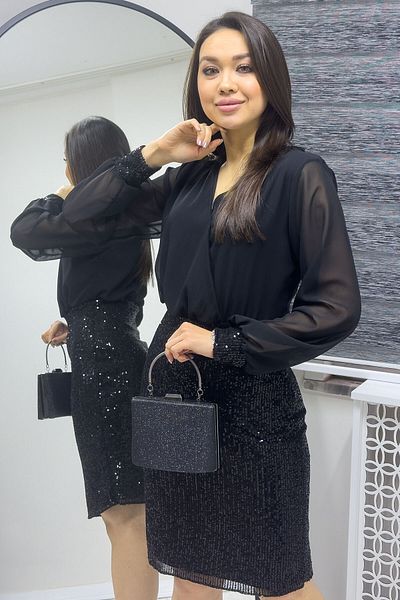 zks grup tekstil Black Double-breasted Collar Sequin Evening Dress