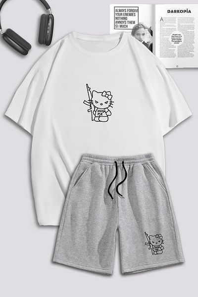 macklin Unisex Γυναικείες άντρες Hello Kitty Hug Me με στάμπα ειδικής σχεδίασης Σετ φόρμας μπλουζάκι και σορτς