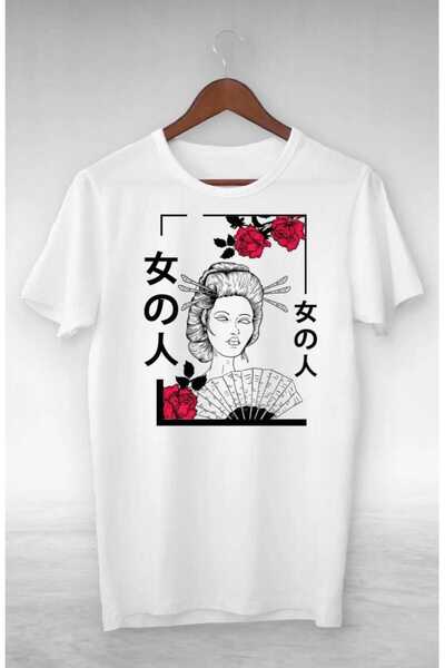 PERISENSE Унисекс тениска с щампа от японска жена в розова рамка, голям размер