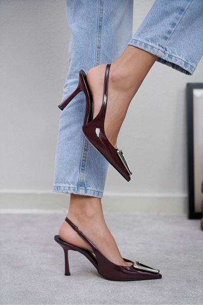 NİŞANTAŞI SHOES Minaka Claret Red Patent Leather Accessory Detailed Ankle Strap Women's Heeled Shoes