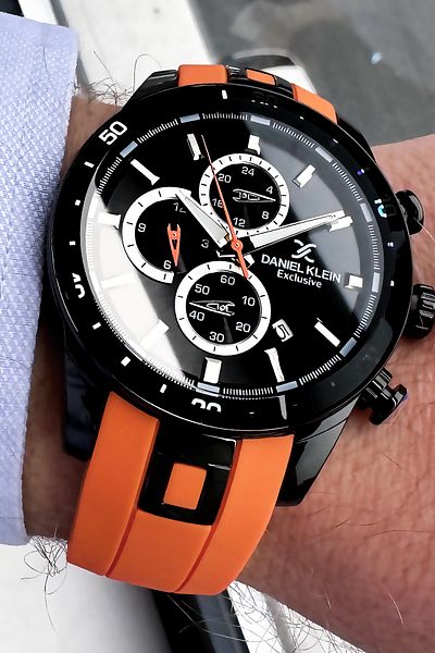 Daniel Klein Men's Wristwatch 3 Atm Waterproof Orange Color Silicone Cord + Bracelet Gift DKE2081C4