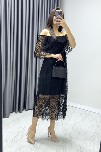 zks grup tekstil Γυναικείο φόρεμα Guipure Λεπτομέρεια Carmen Collar Madonna Plus Size Φόρεμα μαύρο, λευκό
