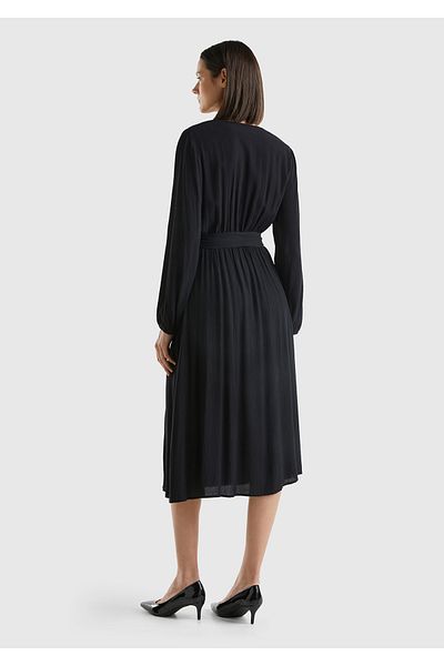 United Colors of Benetton Black Double Breasted Dress - 100% Viscous, Belted Waist, Long Sleeve