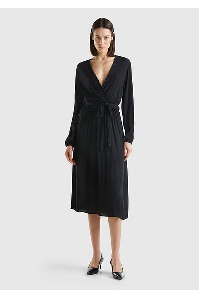 United Colors of Benetton Black Double Breasted Dress - 100% Viscous, Belted Waist, Long Sleeve