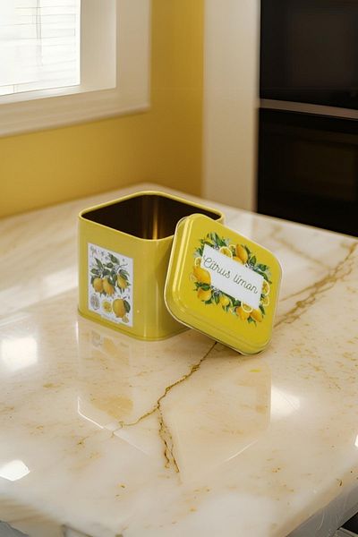 EVLE Ef014-q5 Sn_citrus Lemon Patterned Square Metal Storage Container 9x9 Cm