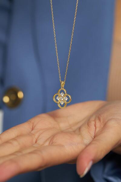 Erdobia Zirkon Taşlı Gold One Cleef Yonca Gümüş Kolye