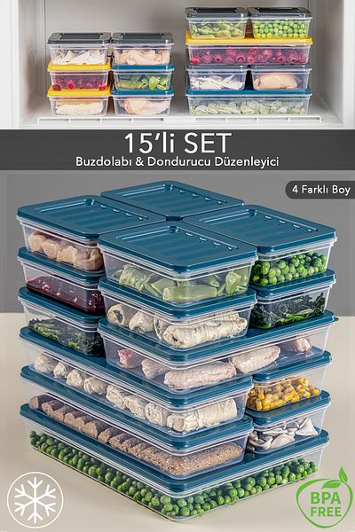 Meleni Home 15-Piece Refrigerator Organizer Microwave Diffracted Convenient Storage Container 1X2400 4X1170 2X1200 8X600 ml Blue