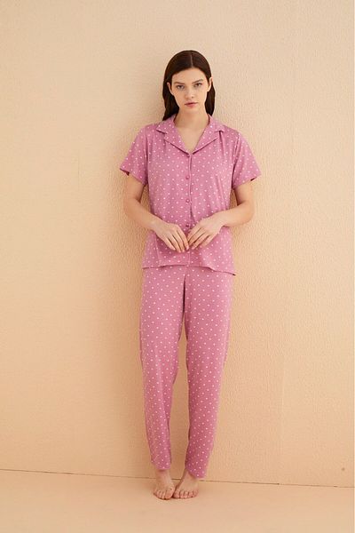 MEBA Milan Short Sleeve Powder Heart Patterned Front Buttoned Shirt Pajamas Set