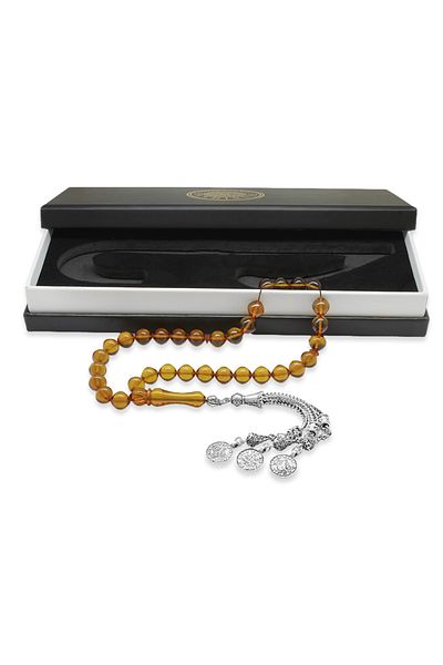 Tesbihane Tarnish Metal Mecidiye Tufted Istanbul Cut Yellow Fire Amber Prayer Beads