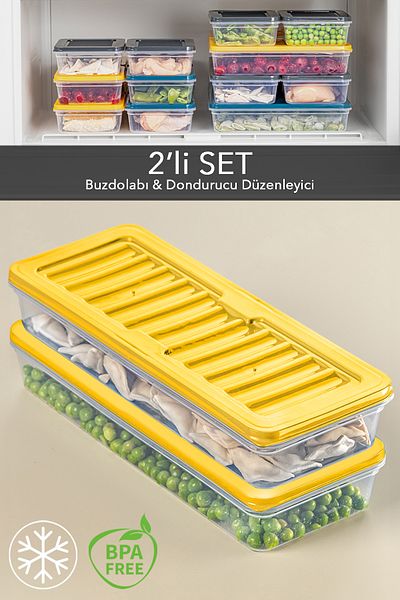 Meleni Home 2-Piece Refrigerator Organizer - Yellow Storage Container for Microwave and Freezer 2X1170Ml