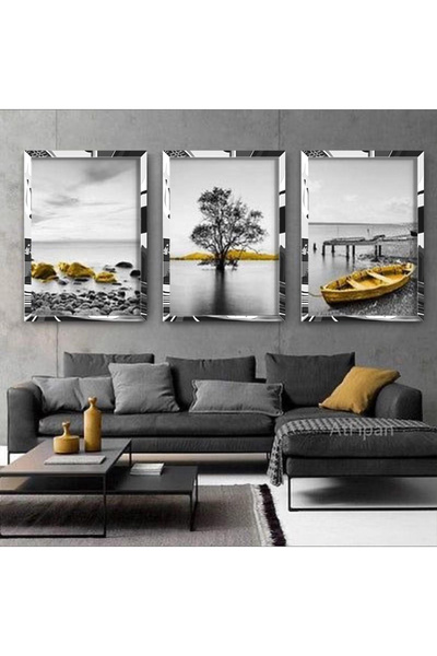 KOLAJTASARIM Set de picturi înrămate din 3 piese din plexiglas argintiu cu vedere la lac gri și detalii galbene