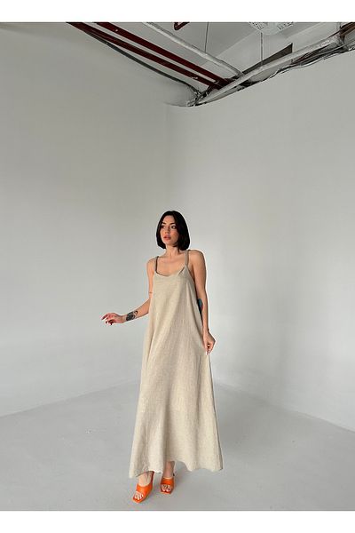 My Blog Rochie lungă din in tricot cu bretele color piatră