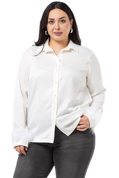 DISENTIS MODEST Plus Size Sleeve Feather Detailed Ball Button Satin White Shirt