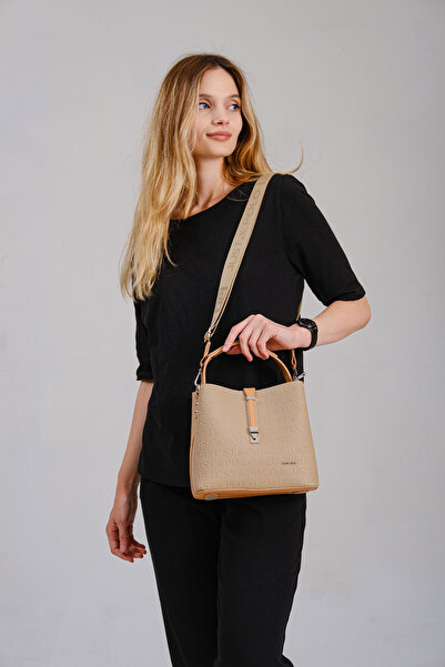 Just Polo Women's Embossed Printed Vegan Shoulder and Hand Bag with Lock Detail Jpm4002 Gray