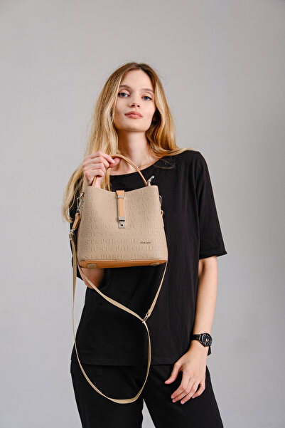 Just Polo Women's Embossed Printed Vegan Shoulder and Hand Bag with Lock Detail Jpm4002 Gray