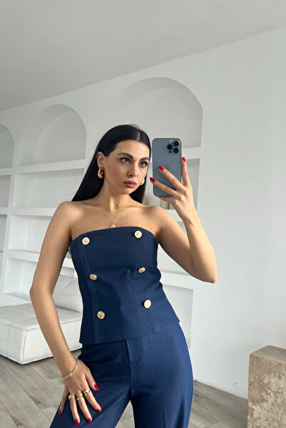 Seda Yalçın Atelier الأزرق الداكن الذهب زر مفصلة حمالة بوستير