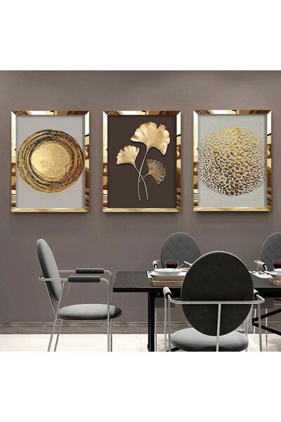 KOLAJTASARIM Soyut Modern Altın Yapraklar Gold Pleksi Çerçeveli Tablo