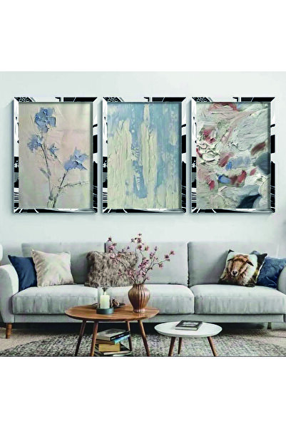 KOLAJTASARIM Yağlıboya Görünümlü Soyut Gümüş Pleksi 3'lü Çerçeveli Tablo