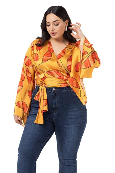 DISENTIS MODEST Large Size Satin Mustard Bolero with Tie Waist and Sleeve Detail