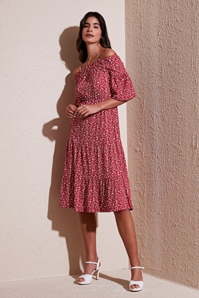 Lela Desenli Carmen Yaka Truvakar Kol Midi Elbise Elbise 5863718