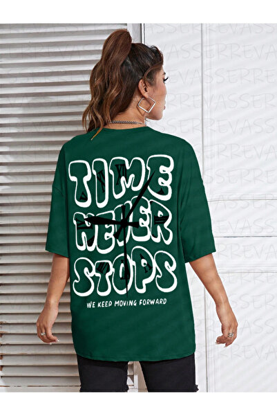 Revasser Унисекс жени/мъже Time Never Stops Цветна памучна тениска с персонал...