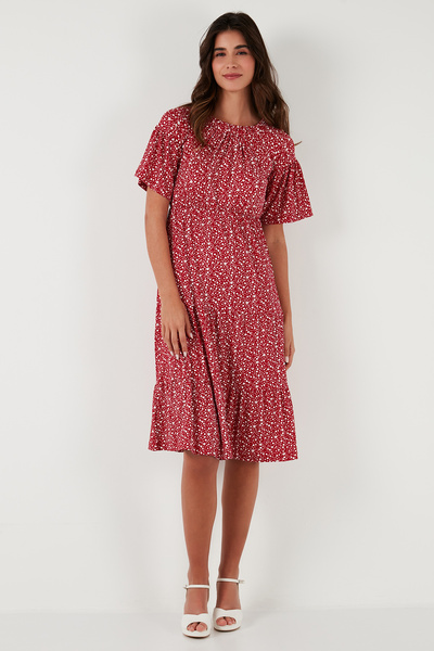 Lela Desenli Carmen Yaka Truvakar Kol Midi Elbise Elbise 5863718