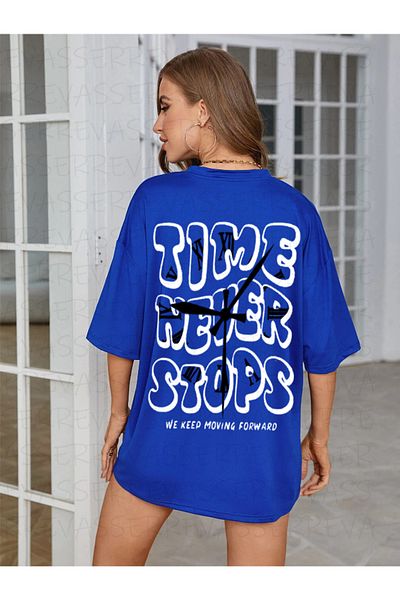 Revasser Unisex Women/Men Time Never Stops Colorful Custom Printed Oversize Cotton Combed Cotton T-Shirt