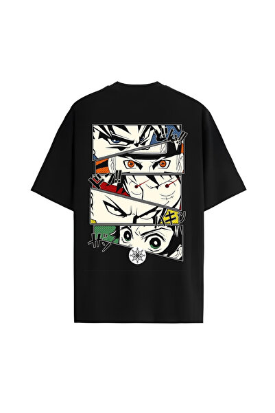 Edizen تي شيرت أسود كبير الحجم مطبوع عليه Five Animes للجنسين