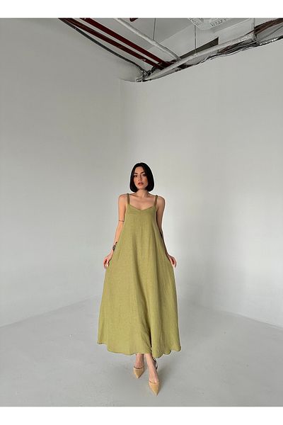My Blog Rochie lungă din in color kaki cu bretele tricotate