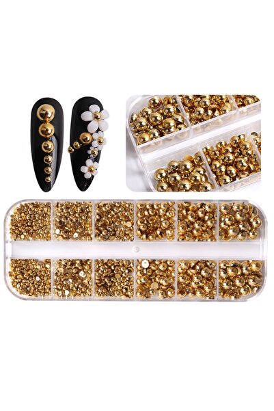 Venalisa Gold Renk 12'li Karışık Boy Nail Art Inci Taşları Tırnak Süsleme
